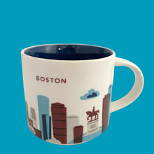 Load image into Gallery viewer, Starbucks Boston You Are Here mug with illustrated skyline, horseback statue and navy blue interior, handle facing right
