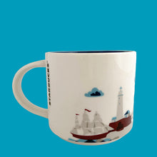 Load image into Gallery viewer, Starbucks Boston mug showing a sailing ship and lighthouse illustration, with handle facing left
