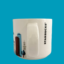 Load image into Gallery viewer, Handle view of Starbucks Boston mug with vertical Starbucks lettering and city buildings beside the white handle
