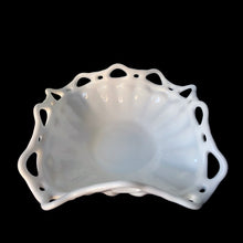 Load image into Gallery viewer, Vintage &quot;Colonial Prism&quot; square milk glass folded lace edge bowl. Crafted by Fostoria Glass, USA, 1957 - 1960. A stunning decorative cottage core bowl for serving, display and wedding or bridal decor. In excellent condition, free from chips. Measures 9 x 9 x 4 inches
