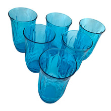 Load image into Gallery viewer, Set of six vintage Colonial Tulip pressed glass tumblers in striking laser blue. Crafted by Anchor Hocking, circa, 1970s. Fill with your favourite beverage and enjoy!  In excellent condition, free from chips.  Measures 2 7/8 x 5 1/8 inches   Capacity 12 ounces
