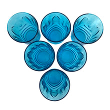 Load image into Gallery viewer, Set of six vintage Colonial Tulip pressed glass tumblers in striking laser blue. Crafted by Anchor Hocking, circa, 1970s. Fill with your favourite beverage and enjoy!  In excellent condition, free from chips.  Measures 2 7/8 x 5 1/8 inches   Capacity 12 ounces
