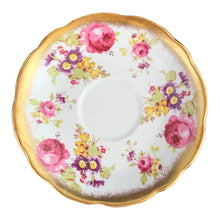 Load image into Gallery viewer, A gorgeous white bone china teacup and saucer featuring colourful pink roses, florals and a gold gilt trim. Crafted by EB Foley, England, 1948 – 1963.

In excellent vintage condition, no chips, cracks or repairs.

Teacup measures 3 3/4 x 2 1/4 inches

Saucer measures 5 5/8 inches
