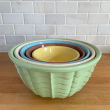 Load image into Gallery viewer, Jacks Daughter of All Trades Vintage Antique Mid-Century Kitsch Store Shop Reseller Etsy Shopify Toronto Canada Free Porch Pick Up Local Delivery Worldwide Shipping Judy Weinberg Unique Housewarming Gift Sustainable Gift Wedding Gift Home Decor Collectible Collector Gift Farmhouse Cottagecore Cottage Lodge Shabby Chic Industrial Art Pottery Art Deco Rare set of five ceramic nested mixing bowls exterior pattern horizontal waves Robinson Ransbottom Pottery Co 1960s kitchen kitchenware art pottery baking baker
