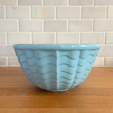 Load image into Gallery viewer, Vintage set of five ceramic nested mixing bowls with an exterior pattern of horizontal waves. Crafted by Robinson Ransbottom Pottery Co., USA, 1960s. A beautiful set to add to your kitchen&#39;s art pottery collection!

Measurements and Condition

No chips/cracks/repairs, wear commensurate with age, manufacturer&#39;s glaze pops and maker&#39;s marks.

Blue, 7 1/4 x 3 3/4 inches.
