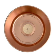 Load image into Gallery viewer, Vintage copper/rose gold toned aluminum dome cake carrier keeper featuring a black bakelite handle and an illustration in black of a sliced cake with the word &quot;CAKE&quot; below in a cute vintage font and locking levers to hold the dome securely to the base. The perfect vessel to store your home-baked or store bought confections!  In as found vintage condition with wear to the black at the top of the dome, age-related wear.  Fits up to a 10 1/2 x 5 inch cake  Overall measures 14 1/2 x 8 inches
