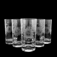 Load image into Gallery viewer, Vintage mid-century set of six cut &quot;Corn Flower&quot; clear flat tumbler drinking glasses. Crafted by WJ Hughes, Canada, circa 1960s. An elegant addition to your barware.  Excellent condition, free from chips.  Measures 2 3/4 x 5 1/4 inches Capacity 10 ounces
