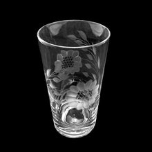 Load image into Gallery viewer, Vintage mid-century set of six cut &quot;Corn Flower&quot; clear flat tumbler drinking glasses. Crafted by WJ Hughes, Canada, circa 1960s. An elegant addition to your barware.  Excellent condition, free from chips.  Measures 2 3/4 x 5 1/4 inches Capacity 10 ounces
