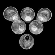 Load image into Gallery viewer, Vintage mid-century set of six cut &quot;Corn Flower&quot; clear flat tumbler drinking glasses. Crafted by WJ Hughes, Canada, circa 1960s. An elegant addition to your barware.  Excellent condition, free from chips.  Measures 2 7/8 x 6 1/4 inches Capacity 16 ounces
