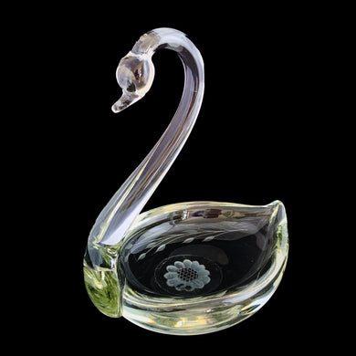 Vintage mid-century hand blown clear art glass swan candy dish cut with WJ Hughes Corn Flower pattern. Glass crafted in Czechoslovakia (possibly David Jones). A beautiful addition to any glass collection!  In good vintage condition, free from chips, minor wear.  Measures 8 x 6 x 9 7/8 inches