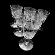 Load image into Gallery viewer, Vintage set of six WJ Hughes cut &quot;Corn Flower&quot; clear shot or sherry glasses, featuring two twelve-petal Corn Flowers with leaf sprays. The stem has a ball formation at the base of the foot and smooth rim. Line 73. Unknown blank, circa 1960s. Beautifully crafted Canadian glassware perfect for gifting or to add to your own barware collection. Excellent condition, free from chips.  Measure 2 x 3 5/8 inches
