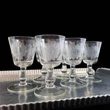Load image into Gallery viewer, Vintage set of six WJ Hughes cut &quot;Corn Flower&quot; clear shot or sherry glasses, featuring two twelve-petal Corn Flowers with leaf sprays. The stem has a ball formation at the base of the foot and smooth rim. Line 73. Unknown blank, circa 1960s. Beautifully crafted Canadian glassware perfect for gifting or to add to your own barware collection. Excellent condition, free from chips.  Measure 2 x 3 5/8 inches
