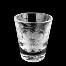 Load image into Gallery viewer, An elegant clear shot glass, cut with the Corn Flower pattern. Crafted by WJ Hughes, Canada, circa 1950s. Add this piece of mid-century glamour to your vintage barware!

In excellent condition, no chips or cracks.

Measures 2 1/4 inches

Capacity 1 ounce
