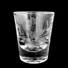 Load image into Gallery viewer, An elegant clear shot glass, cut with the Corn Flower pattern. Crafted by WJ Hughes, Canada, circa 1950s. Add this piece of mid-century glamour to your vintage barware!

In excellent condition, no chips or cracks.

Measures 2 1/4 inches

Capacity 1 ounce
