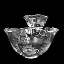 Load image into Gallery viewer, Gorgeous cut &quot;Corn Flower&quot; glass chip and dip bowls featuring 12-petalled corn flowers with leaf sprays on ruffle shaped bowls. Crafted by WJ Hughes, Canada, circa 1950s. An extra special, hard to find set for serving chips and dip with vintage style!  In excellent condition, free from chips.  Large bowl measures 10 1/4 x 5 1/4 inches  Small bowl measures 5 3/8 x 2 3/4 inches   
