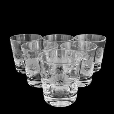 Set of six vintage mid-century era cut Cornflower old fashioned cocktail glasses, featuring two set of twelve-petaled cornflowers and leaf sprays. Crafted by WJ Hughes, Canada, 1950s. Enhance your barware collection with these hard-to-find classics!

In excellent condition, no chips.

Measures 3 x 3 1/4 inches

Capacity 6 ounces