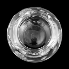 Load image into Gallery viewer, Vintage round glass rose bowl, skillfully cut by WJ Hughes with three sets of 12-petalled Corn Flowers and leaf sprays, with a pinched ruffle edge. Unidentified glass blank. Circa 1960s. Any floral arrangement would complement this lovely vessel!

In excellent condition, no chips.

Measures 4 x 4 1/4 inches tall, opening 2 inches
