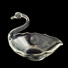 Load image into Gallery viewer, Vintage WJ Hughes cut &quot;Corn Flower&quot; figural clear glass swan candy dish featuring one Corn Flower cut on one side and the leaf spray on the opposite side along with a scalloped edge. Viking Glass blank. Produced between 1920 - 1979. A charming piece for your favourite treats, or use as a trinket dish. In excellent condition, free from chips. Measures 6 x 4 x 5 inches
