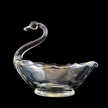 Load image into Gallery viewer, Vintage WJ Hughes cut &quot;Corn Flower&quot; figural clear glass swan candy dish featuring one Corn Flower cut on one side and the leaf spray on the opposite side along with a scalloped edge. Viking Glass blank. Produced between 1920 - 1979. A charming piece for your favourite treats, or use as a trinket dish. In excellent condition, free from chips. Measures 6 x 4 x 5 inches
