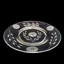 Load image into Gallery viewer, Vintage WJ Hughes &quot;Corn Flower&quot; glass salad plate. Each plate is cut with a single 12-petal &quot;Corn Flower&quot; in centre well and three 12-petal &quot;Corn Flowers&quot; and leaf sprays around lip. Unidentified glass blank. Circa 1930s. Each piece was meticulously hand cut by skilled artisans. Beautiful glassware for weddings, bridal showers or any special occasion! In excellent vintage condition, no chips, minor wear. Measures 8 inches
