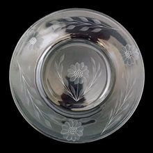 Load image into Gallery viewer, Vintage WJ Hughes &quot;Corn Flower&quot; glass salad plate. Each plate is cut with a single 12-petal &quot;Corn Flower&quot; in centre well and three 12-petal &quot;Corn Flowers&quot; and leaf sprays around lip. Unidentified glass blank. Circa 1930s. Each piece was meticulously hand cut by skilled artisans. Beautiful glassware for weddings, bridal showers or any special occasion! In excellent vintage condition, no chips, minor wear. Measures 8 inches
