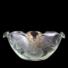 Load image into Gallery viewer, Vintage WJ Hughes cut &quot;Corn Flower&quot; clear glass bowl with a crimped edge. West Virginia Glass Specialties blank, circa 1960s. A charming piece for your favourite condiments or treats. In excellent condition, free from chips. Measures 5 1/8 x 2 1/4 inches
