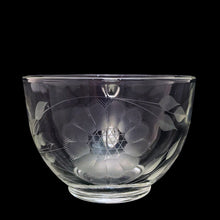 Load image into Gallery viewer, Vintage mid-century clear glass punch bowl and six cups, cut with WJ Hughes &quot;Corn Flower&quot; pattern. Federal Glass blanks. Perfect to add a touch of elegance to special occasions, weddings and bridal showers. Excellent condition, free from chips, minor wear. Bowl measures 9 7/8 x 5 1/8 inches Cup measures 3 1/4 x 2 1/4 inches
