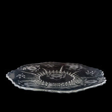 Load image into Gallery viewer, Stunning vintage WJ Hughes cut &quot;Corn Flower&quot; clear &quot;Radiance&quot; glass serving plate featuring a central &quot;Corn Flower&quot; with four additional sets of &quot;Corn Flowers&quot; alternating with leaf sprays on the lip. Viking glass blank, circa 1950s. A gorgeous plate for to enhance your entertaining. In good vintage condition, free from chips, minor wear. Measures 14 5/8 inches
