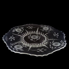 Load image into Gallery viewer, Stunning vintage WJ Hughes cut &quot;Corn Flower&quot; clear &quot;Radiance&quot; glass serving plate featuring a central &quot;Corn Flower&quot; with four additional sets of &quot;Corn Flowers&quot; alternating with leaf sprays on the lip. Viking glass blank, circa 1950s. A gorgeous plate for to enhance your entertaining. In good vintage condition, free from chips, minor wear. Measures 14 5/8 inches
