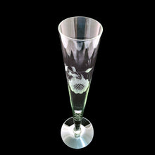 Load image into Gallery viewer, Vintage tall clear glass footed bud vase with round base (2 3/4 inches in diameter). The vase is cut with one 12-petal &quot;Corn Flower&quot; and leaf spray. The glass blank is attributed to Louie Glass. Circa 1965. Create a sweet floral arrangement with this lovely vessel! In excellent condition, free from chips or cracks. Measures 2 3/4 (at the base); 1 3/4 (at the top) x 10 1/8 inches tall
