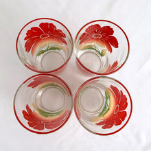 Load image into Gallery viewer, A delightful set of four highly collectible vintage Swanky Swig promotional glass tumblers featuring the tri-colour red yellow green &quot;Cosmos&quot; pattern. Crafted by Federal Glass, USA, between 1940-1949. These colourful and vibrant glasses are sure to liven up your tablescape!  In excellent condition, free from chips/wear. Marked on the bottom.  Measures 2 7/8 x 4 3/4 inches  Capacity 10 ounces
