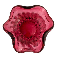 Load image into Gallery viewer, This lovely hand blown vintage cranberry optic glass vase with tri-fold edge, features a striking quilted diamond pattern which extends to the bottom of the vessel. Expertly crafted by Rossi Art Glass, Canada, circa 1980s. Perfect for displaying a small floral bouquet. A wonderful way to liven up your home&#39;s decor!  In excellent condition, free from chips.  Measures 3 3/4 x 5 inches   
