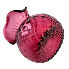 Load image into Gallery viewer, This lovely hand blown vintage cranberry optic glass vase with tri-fold edge, features a striking quilted diamond pattern which extends to the bottom of the vessel. Expertly crafted by Rossi Art Glass, Canada, circa 1980s. Perfect for displaying a small floral bouquet. A wonderful way to liven up your home&#39;s decor!  In excellent condition, free from chips.  Measures 3 3/4 x 5 inches   

