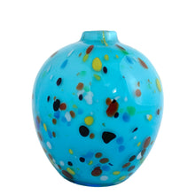 Load image into Gallery viewer, Vintage Crate &amp; Barrel Ziggy turquoise blue art glass vase, front view showing round globular form with multicolour confetti speckles in black, yellow, brown, white, and green

