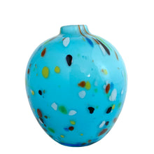 Load image into Gallery viewer, Vintage Crate &amp; Barrel Ziggy turquoise blue art glass vase, side view showing rounded silhouette and narrow neck opening with multicolour confetti speckle pattern
