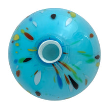 Load image into Gallery viewer, Vintage Crate &amp; Barrel Ziggy turquoise art glass vase, overhead view looking down into narrow neck opening showing radiating confetti speckle pattern on turquoise blue glass over the interior white cased glass
