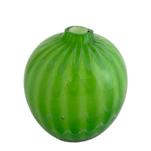 Load image into Gallery viewer, Vintage Crate &amp; Barrel Ziggy green melon art glass vase, three-quarter view showing vertical ribbed texture and pronounced zigzag scalloped base
