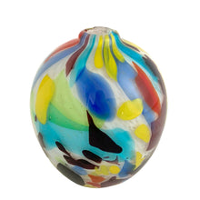 Load image into Gallery viewer, Vintage Crate &amp; Barrel Ziggy white confetti art glass vase, three-quarter view showing large irregular confetti patches in yellow, burgundy, teal, red, and green on white ground
