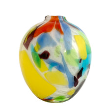 Load image into Gallery viewer, Vintage Crate &amp; Barrel Ziggy white confetti art glass vase, rear view showing bold confetti patches in yellow, blue, teal, red, and green with white ground visible
