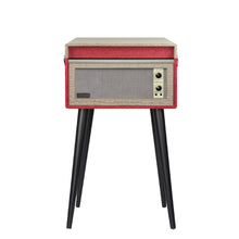 Load image into Gallery viewer, Vintage retro mid-century modern style Dansette Bermuda Record Player Turntable by Crosley in coral pink with black legs. Crank up the nostalgia and spin some vinyl or use as a funky prop for photos or TV and movie production!

In working order, but the sound output needs attention, or, use the RCA outputs on the back of the unit to hook up external self-powered speakers. Alternatively, it may just need a new needle.

Overall dimensions 15 1/4 x 16 1/2 x 26 1/4 inches (incl. legs with cover closed)
