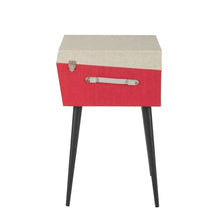 Load image into Gallery viewer, Vintage retro mid-century modern style Dansette Bermuda Record Player Turntable by Crosley in coral pink with black legs. Crank up the nostalgia and spin some vinyl or use as a funky prop for photos or TV and movie production!

In working order, but the sound output needs attention, or, use the RCA outputs on the back of the unit to hook up external self-powered speakers. Alternatively, it may just need a new needle.

Overall dimensions 15 1/4 x 16 1/2 x 26 1/4 inches (incl. legs with cover closed)

