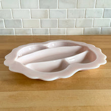 Load image into Gallery viewer, Rare vintage &quot;Crown Tuscan&quot; pink milk glass relish or vanity tray features five sections finished with a wide scalloped edge. Crafted by Cambridge Glass, USA, 1940s. This stunning pale pink milk glass tray is sure to add an elegant touch to your tablescape or dresser.  In good vintage condition, with a flea bite to the inner rim which does not detract from the beauty of this piece.  Measures 12 1/4 x 10 1/2 inches
