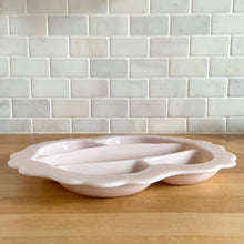 Load image into Gallery viewer, Rare vintage &quot;Crown Tuscan&quot; pink milk glass relish or vanity tray features five sections finished with a wide scalloped edge. Crafted by Cambridge Glass, USA, 1940s. This stunning pale pink milk glass tray is sure to add an elegant touch to your tablescape or dresser.  In good vintage condition, with a flea bite to the inner rim which does not detract from the beauty of this piece.  Measures 12 1/4 x 10 1/2 inches
