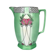 Load image into Gallery viewer, Side view of Vintage Crownford Art Nouveau Art Deco Ford &amp; Sons ceramic green pitcher with elongated  pink floral motif with black and white geometric scale motif at the rim, England 1930s 1940s 
