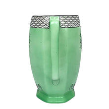 Load image into Gallery viewer, Handle view of Vintage Crownford Art Nouveau Art Deco Ford &amp; Sons ceramic green pitcher with elongated  pink floral motif with black and white geometric scale motif at the rim, England 1930s 1940s 
