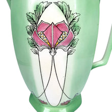 Load image into Gallery viewer, Early 20th-century English Crownford hand painted art nouveau art deco style floral ceramic pitcher showing the floral details in pink, yellow, white and black against the green ground

