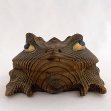 Load image into Gallery viewer, Vintage Cryptomeria carved wood frog figurine. Crafted in Japan, 1970s. This style of carving was very popular and makes a nice decor piece for the nature lover.

In excellent condition. Marked Japan.

Measures 6 x 4 1/2 x 2 1/2 inches
