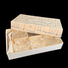 Load image into Gallery viewer, Vintage set of six crystal salt cellars and spoons. Crafted by Bohemia Crystal, circa 1950s. A lovely addition to your tablescape. New in box in excellent vintage condition. Each spoon is wrapped and has the original yellow sticker which reads Bohemia Crystal, Made in Czechoslovakia. Salt cellars measure 1 5/8 x 7/8 inches. Spoons measure 2 3/4 inches
