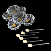 Load image into Gallery viewer, Vintage set of six crystal salt cellars and spoons. Crafted by Bohemia Crystal, circa 1950s. A lovely addition to your tablescape. While the cellars and spoons are new in box, some have rough edges from mold release. Each piece has the original yellow sticker which read Bohemia Crystal, Made in Czechoslovakia. Salt cellars measure 2 3/8 x 7/8 inches. Spoons measure 2 3/4 inches
