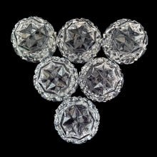 Load image into Gallery viewer, Vintage set of six crystal salt cellars and two spoons. Crafted by Bohemia Crystal, circa 1950s. A lovely addition to your tablescape. In as found vintage condition in original box. Each spoon is wrapped and has the original yellow sticker which reads Bohemia Crystal, Made in Czechoslovakia. Salt cellars measure 1 5/8 x 7/8 inches. Spoons measure 2 3/4 inches
